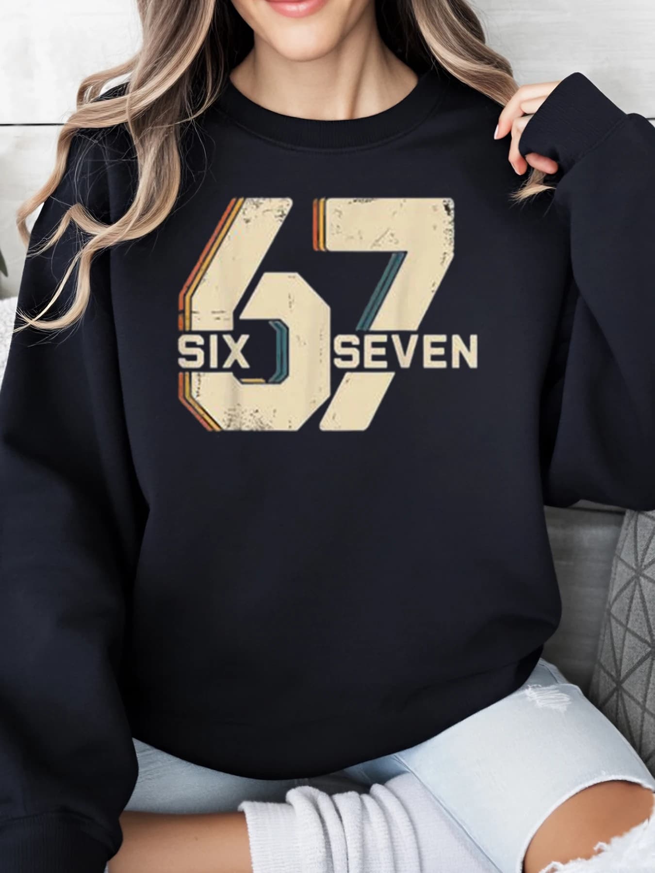 67 Six Seven Sweatshirt with vintage numeric print Birthday gift Unisex casual clothing Black Strong cuts