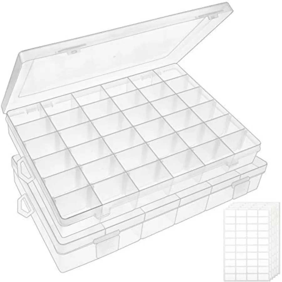 Set of 2 Transparent Plastic Organizing Boxes with 36 Departments, Fishing Equipment Container with Adjustable Jewelry Dividers