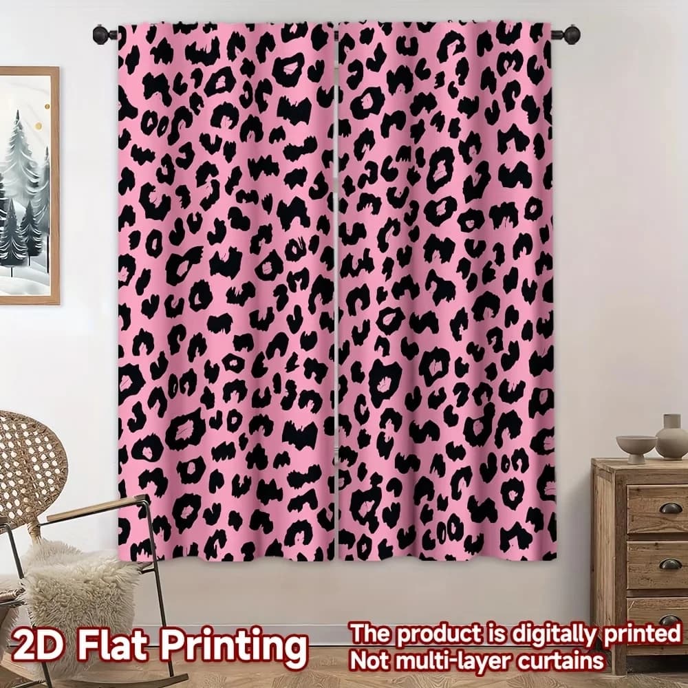2PCS Digital Printed Curtains, Pink Leopard Print Animal Pattern Girly, Window Curtains for Living Room Bedroom Home Decoration