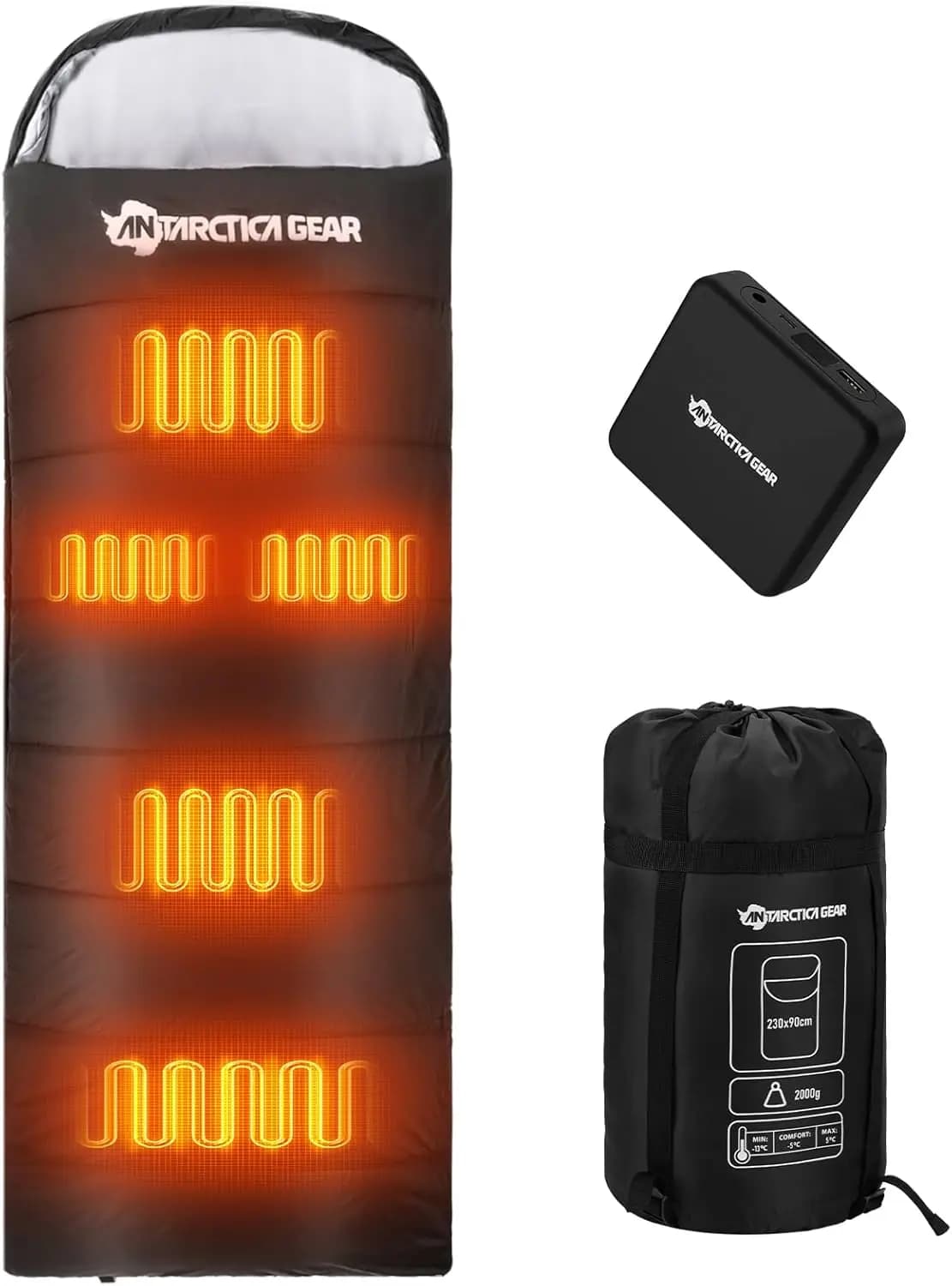 Sacco a Pelo Riscaldato con 5 Zone di Riscaldamento, Batteria da 16000mAh, 3 Livelli Regolabili per Escursionismo e Campeggio in Tutte le Stagioni