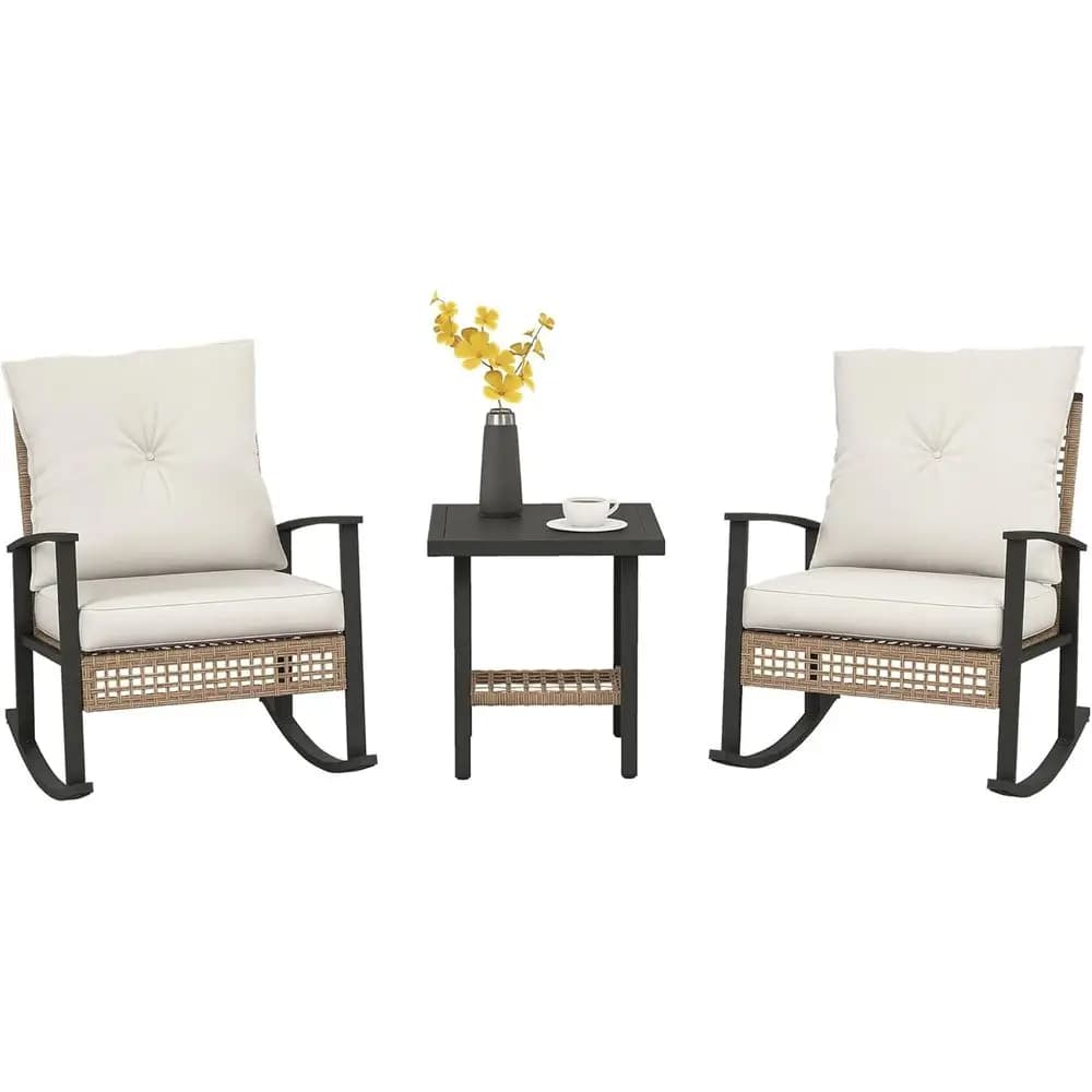 3-Piece Wicker Outdoor Bistro Set with Rattan Furniture, Coffee Table, and Cushioned Chairs for Backyard, Balcony, or Garden in