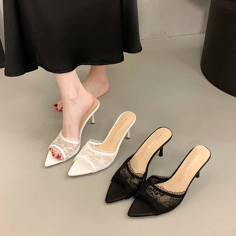 Nuove Ciabatte Estive da Donna in Pizzo Traspirante con Punta Affusolata, Eleganti Tacchi Alti Sottili per Feste e Cerimonie