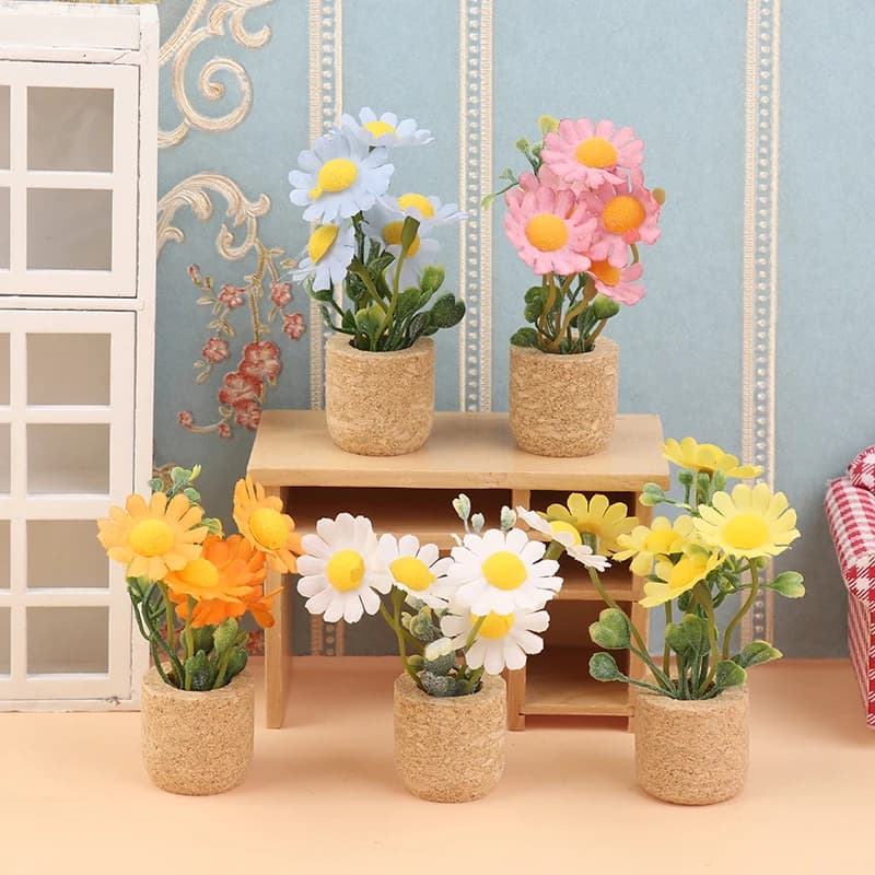 Miniature daisy pot plants for doll house 1/12, simulation model, floral decoration, toy, ornament for micro landscapes and gardens