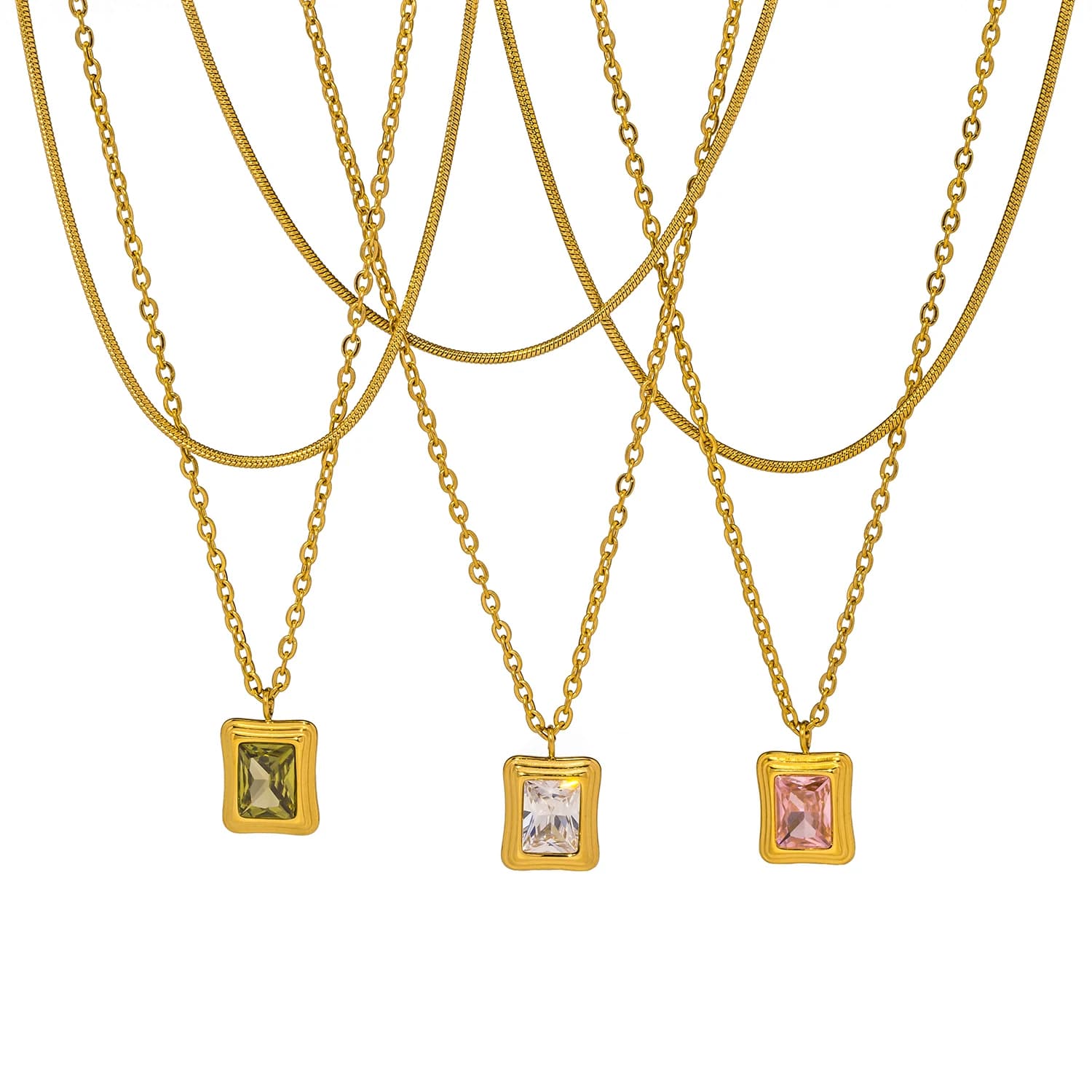 Collana con ciondolo alla moda con zirconi verdi rosa bianchi per donna Gioielli color oro con catena a due piani in acciaio inossidabile 316l