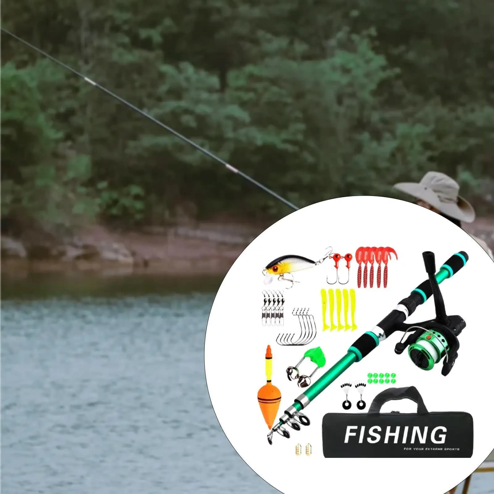 Travel Fishing Kit for Children Telescopic Rod and Reel Combo Compact Tackle Set with Storage Bag