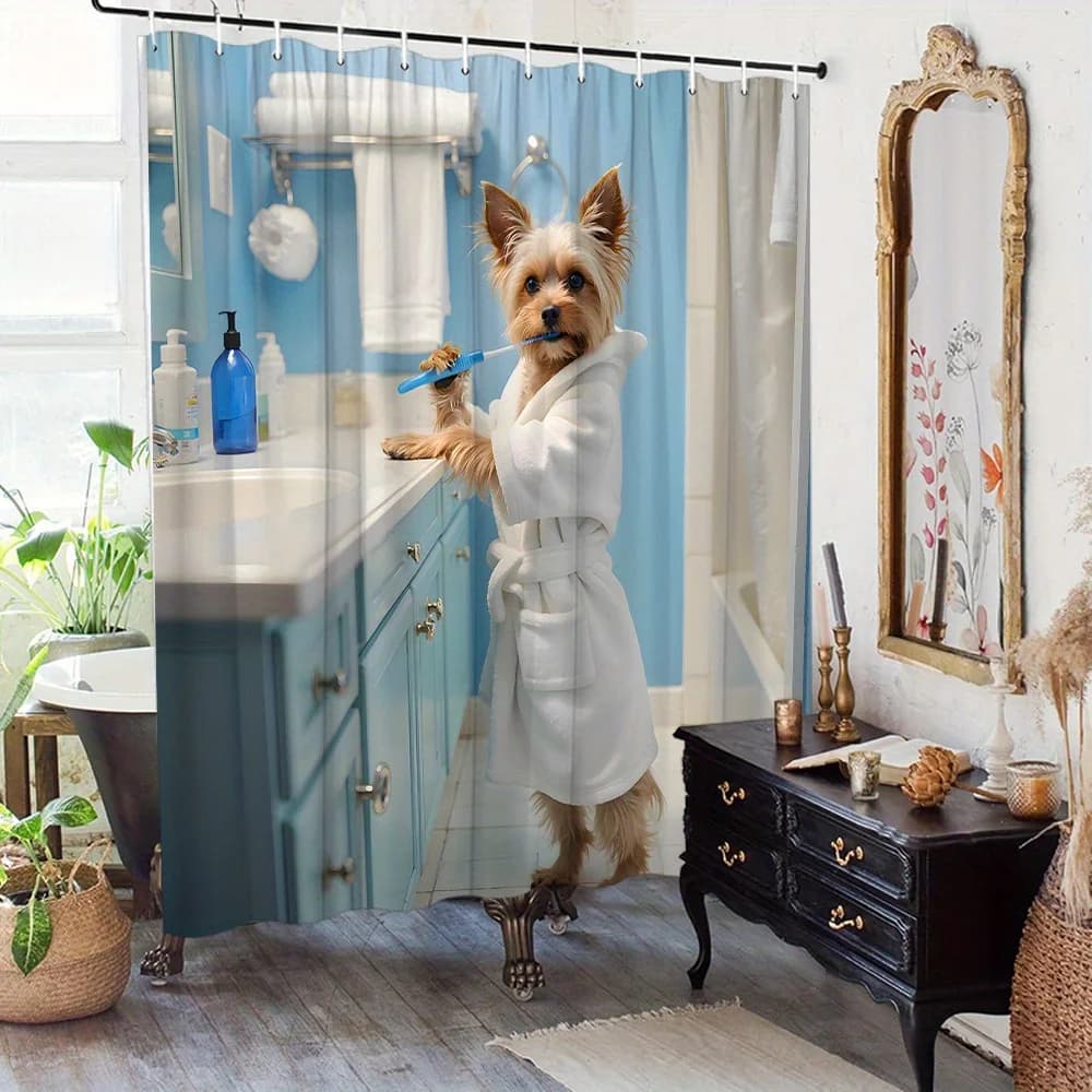 "Adorable dog shower curtain - Nice Yorkshire Terrier in bathrobe with toothbrush, perfect for decorating the bathroom of pets"