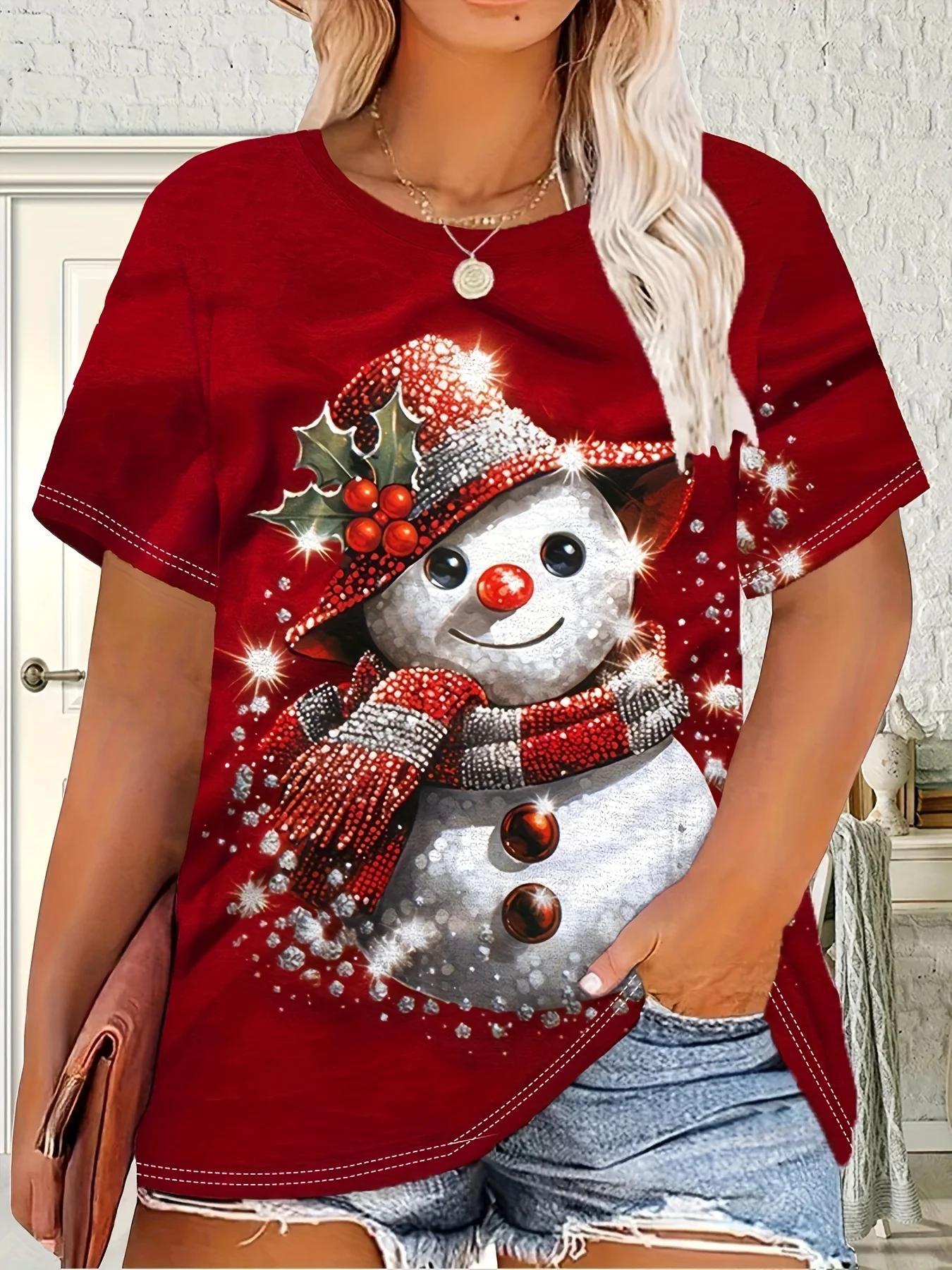 T-shirt da donna con stampa pupazzo di neve di Natale Top festivo rosso per le vacanze con pupazzo di neve Y2k Abbigliamento da donna Abbigliamento donna di Capodanno T-shirt