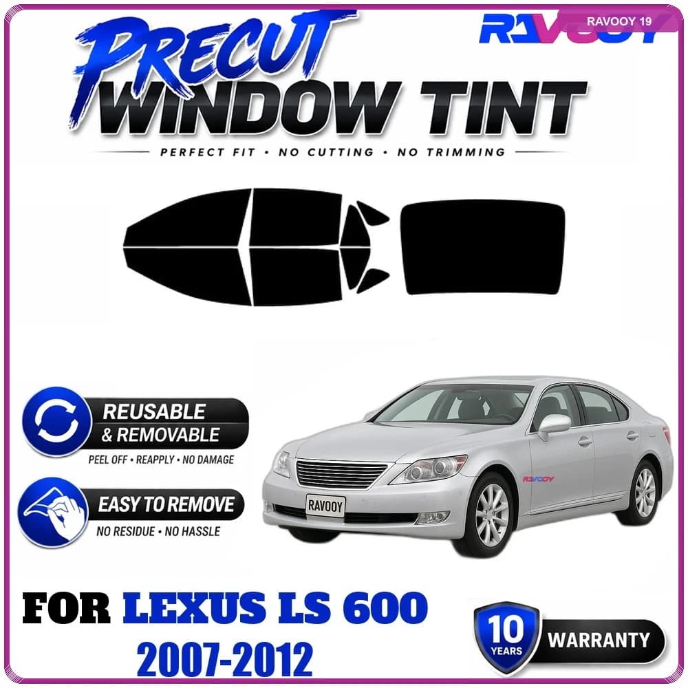 RAVOOY Precut Window Tint, Reusable Removable EPU Film, Custom Fit for Lexus LS 600 2007-2012, UV Heat Protection