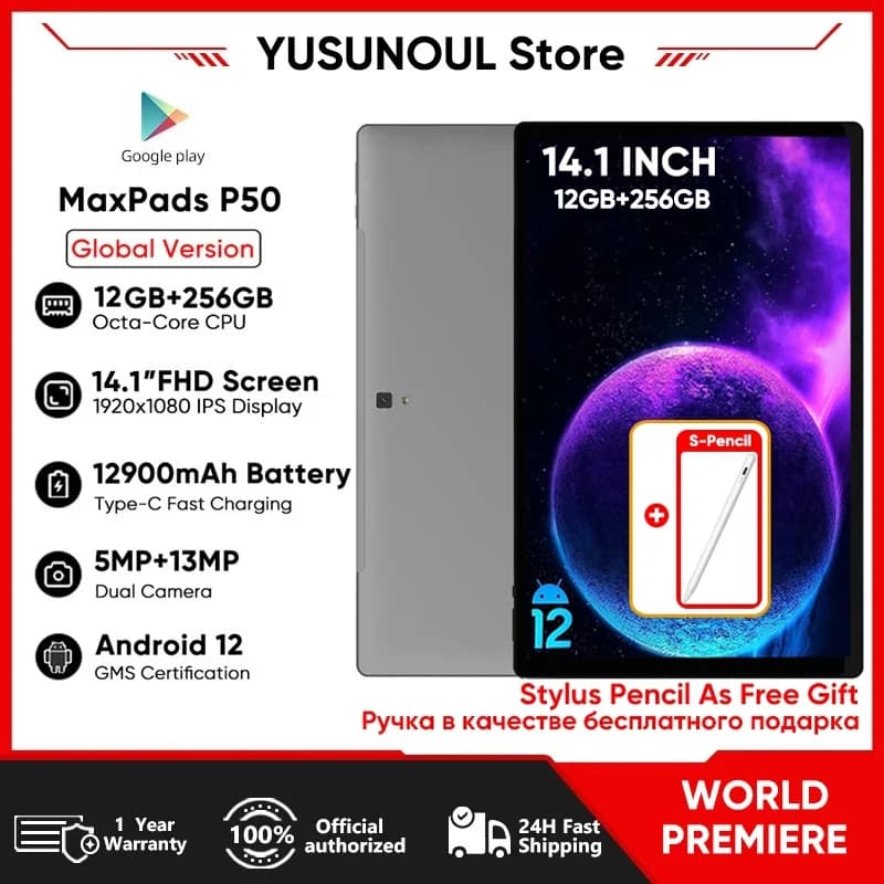 Tablet PC Versione Globale Originale 14.1 Pollici 12GB+256GB 1920*1080 IPS con Chiamate Telefoniche 5G WiFi per Lezioni Online, Musica e Fogli di Nota Musicale