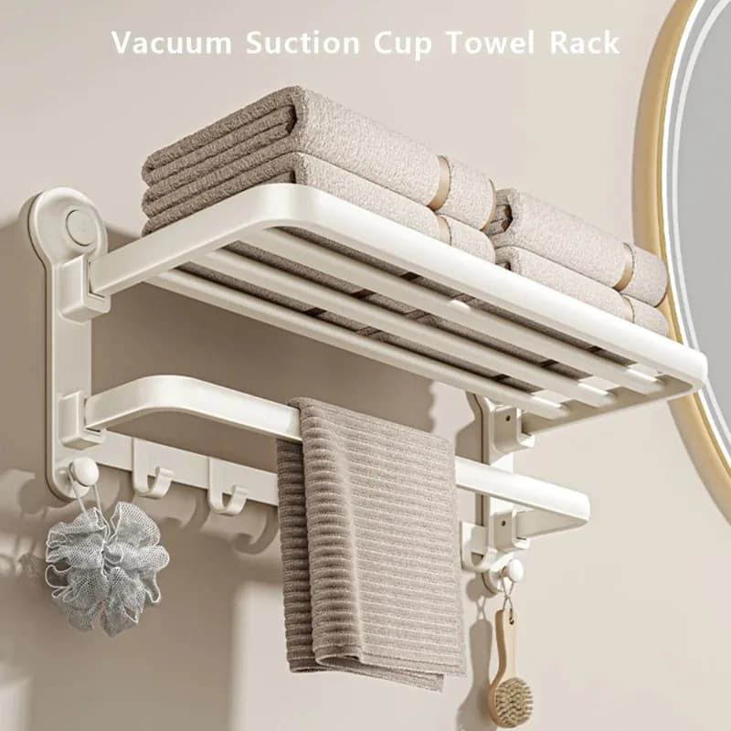 Portasciugamani Pieghevole con Ventosa Bianco Crema e Grigio, con Ganci, Mensola da Bagno a Parete 50/60cm