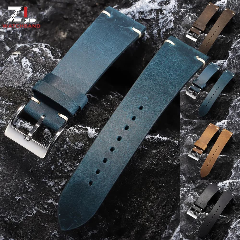 Vintage watch bracelet in oil wax leather 18mm 20mm 21mm 22mm Hand made stitching Omega leather strap for Seiko Smartwatch strap