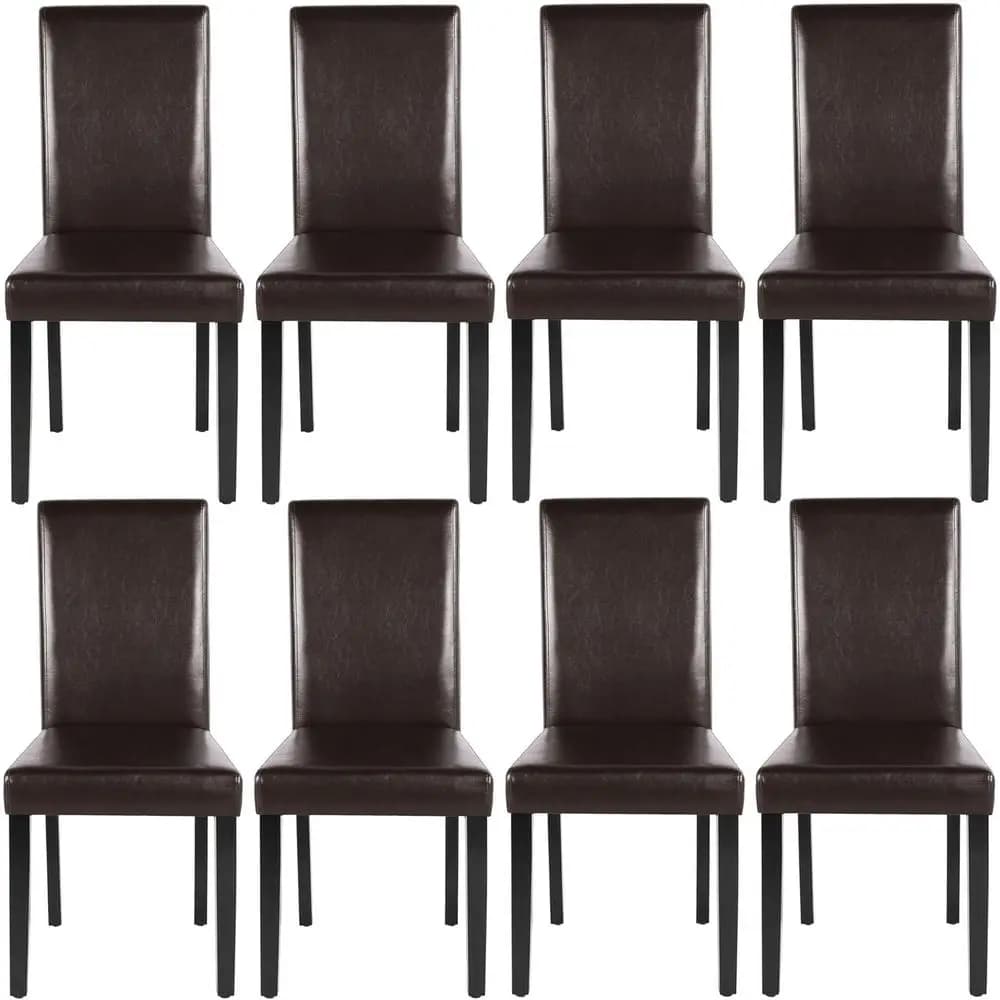 Set di 8 Sedie da Pranzo in Pelle PU Marrone con Cuscini Impermeabili e Gambe in Legno per Cucina, Ristorante e Soggiorno