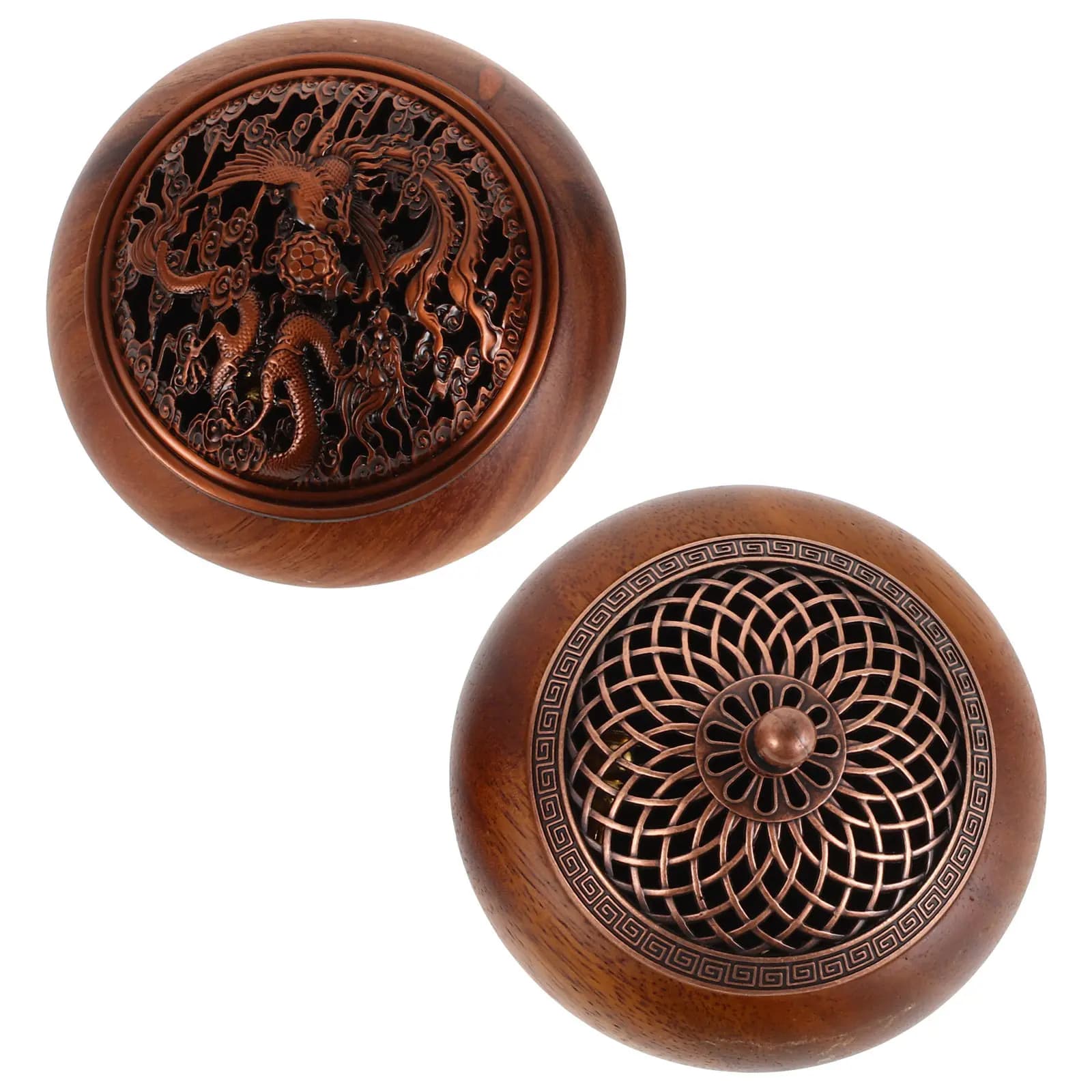 2Pcs Wooden Incense Burner with Lid Solid Wood Elegant Carved Design for Sandalwood Agarwood Cones Sticks Home Tea Room Decor