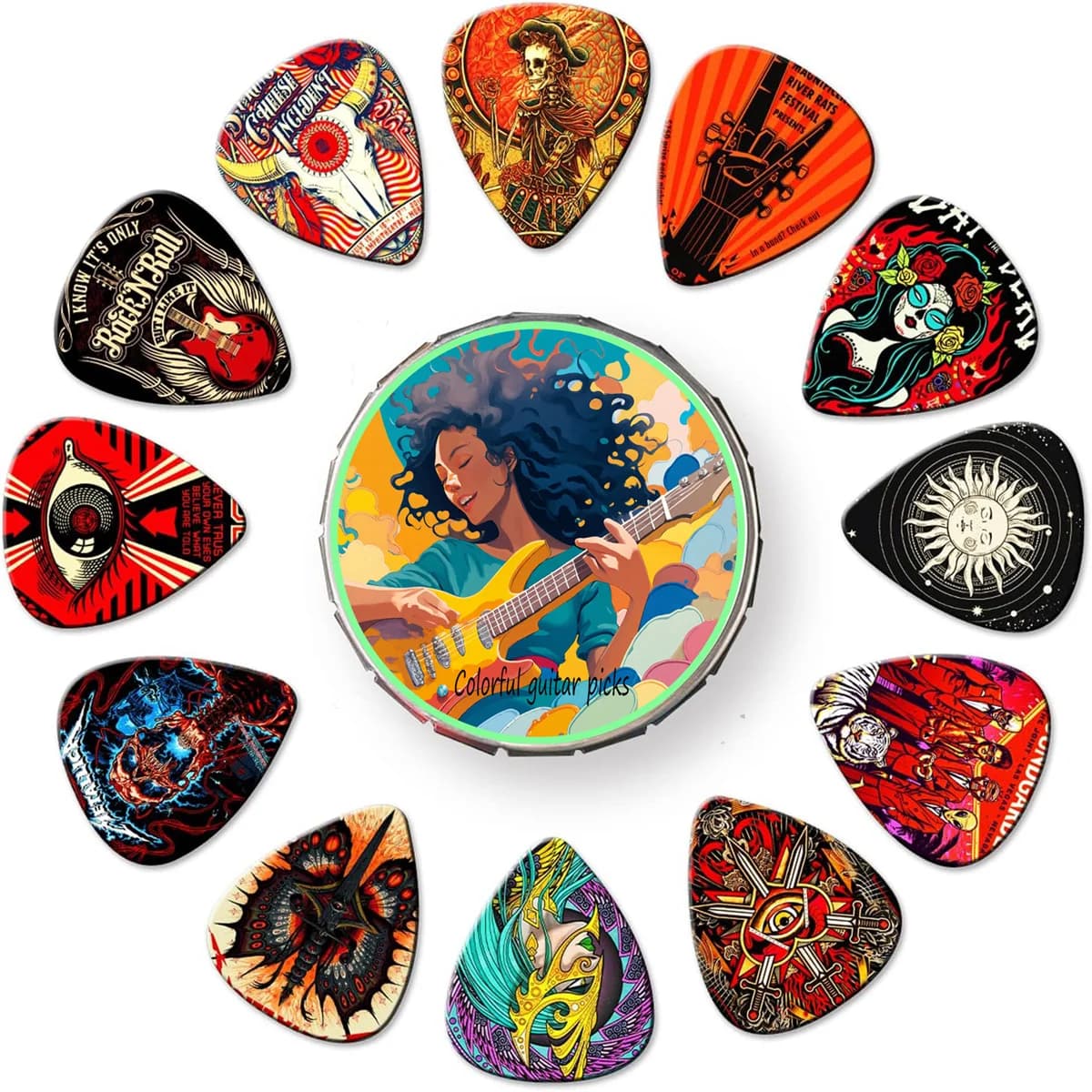 Plettri per chitarra in ABS da 12 pezzi con scatola di metallo - Plettri stampati colorati unici per elettrico/basso, set regalo di accessori per chitarra durevoli