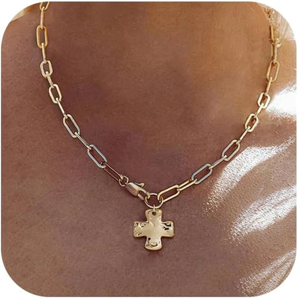 Chunky Cross Necklace Trendy 14K Gold Silver Statement Cross Pendant Necklaces Paperclip Chain Costume Jewelry Gift Non Tarnish