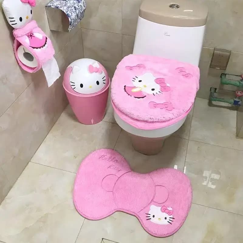 Cartoon Surrounding Kt Cat Household Items Toilet Seat Three-piece Bathroom Universal Winter Household Plush Toilet Seat Gift