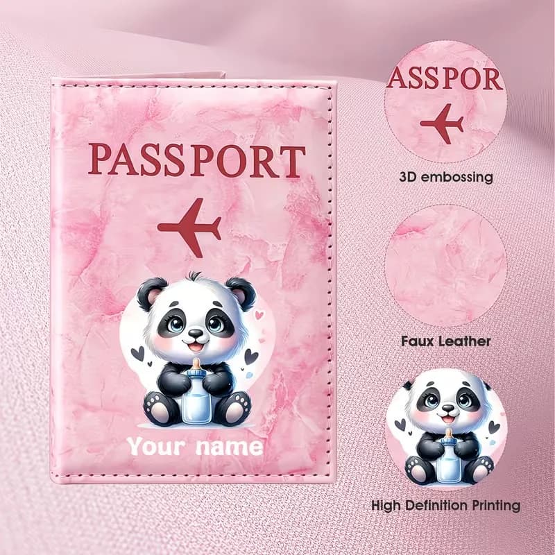 Personalized Name Custom Cute Panda Illustration Design PU Passport Holder, Adorable Panda Holding Heart Pattern Presents