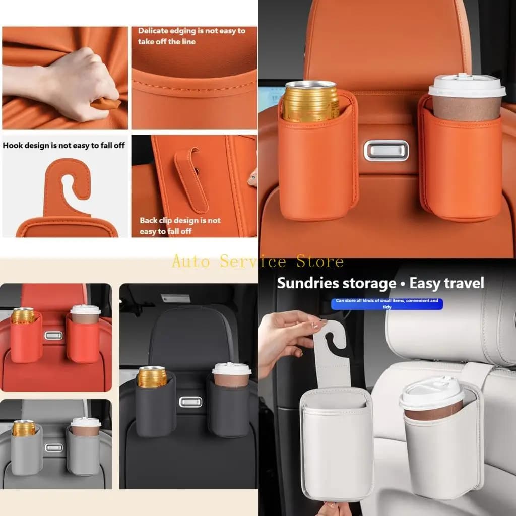 462A Upgrades PU Leather Car Hook with Build In Cup Holder Vehicle for Convenient Travel Accessories