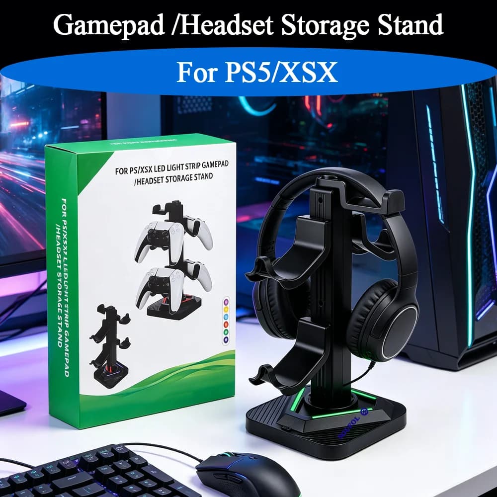 Nuovo supporto da tavolo per gamepad/cuffie con 8 luci LED e 3 porte USB per accessori da gioco PS5/XSX