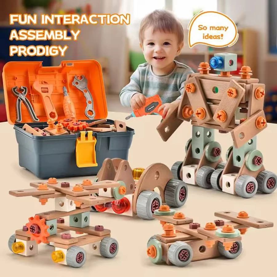 Set di attrezzi fai-da-te per bambini Kit di giocattoli per assemblaggio di dadi Strumenti di costruzione STEM Giocattoli Montessori Regali per ragazzo ragazza, cassetta degli attrezzi per trapano elettrico opzionale