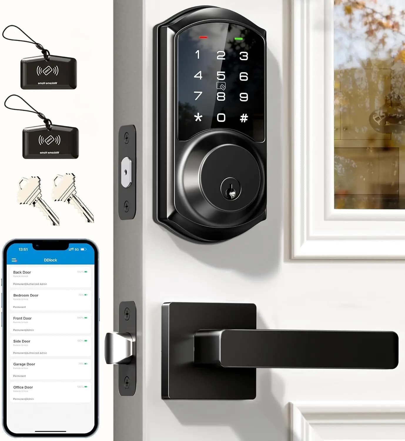 Serratura Intelligente con Controllo App, Accesso Senza Chiave, Tastiera Touch Screen, Chiusura Automatica, Impermeabile, Facile Installazione in Nero Opaco