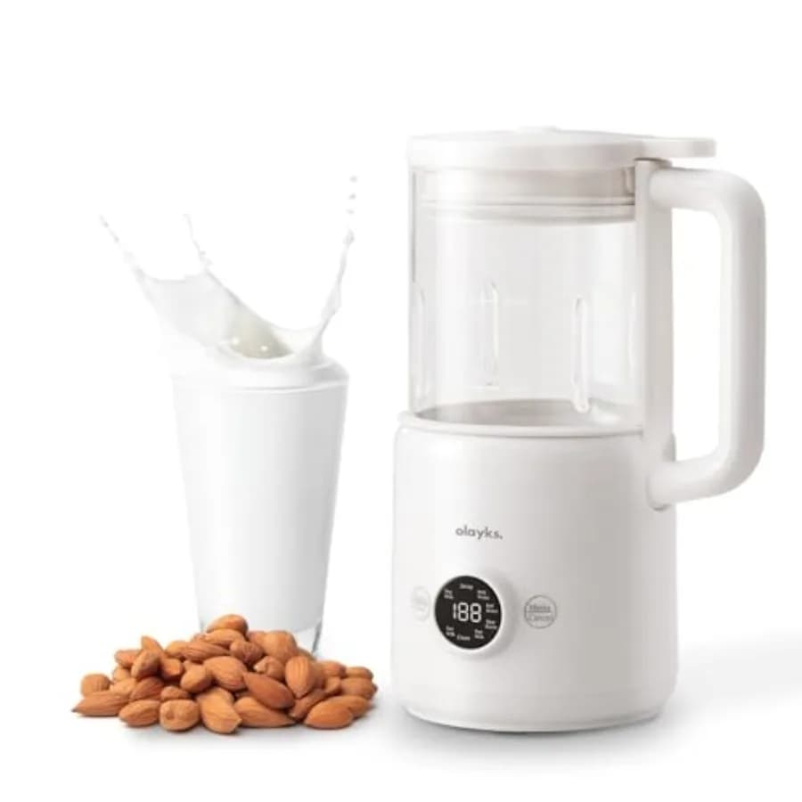 Frullatore automatico 6 in 1 per latte vegetale per uso domestico, corpo in acciaio inossidabile, bianco, con timer/funzione mantenimento calore/funzione bollitura acqua/auto-pulizia.