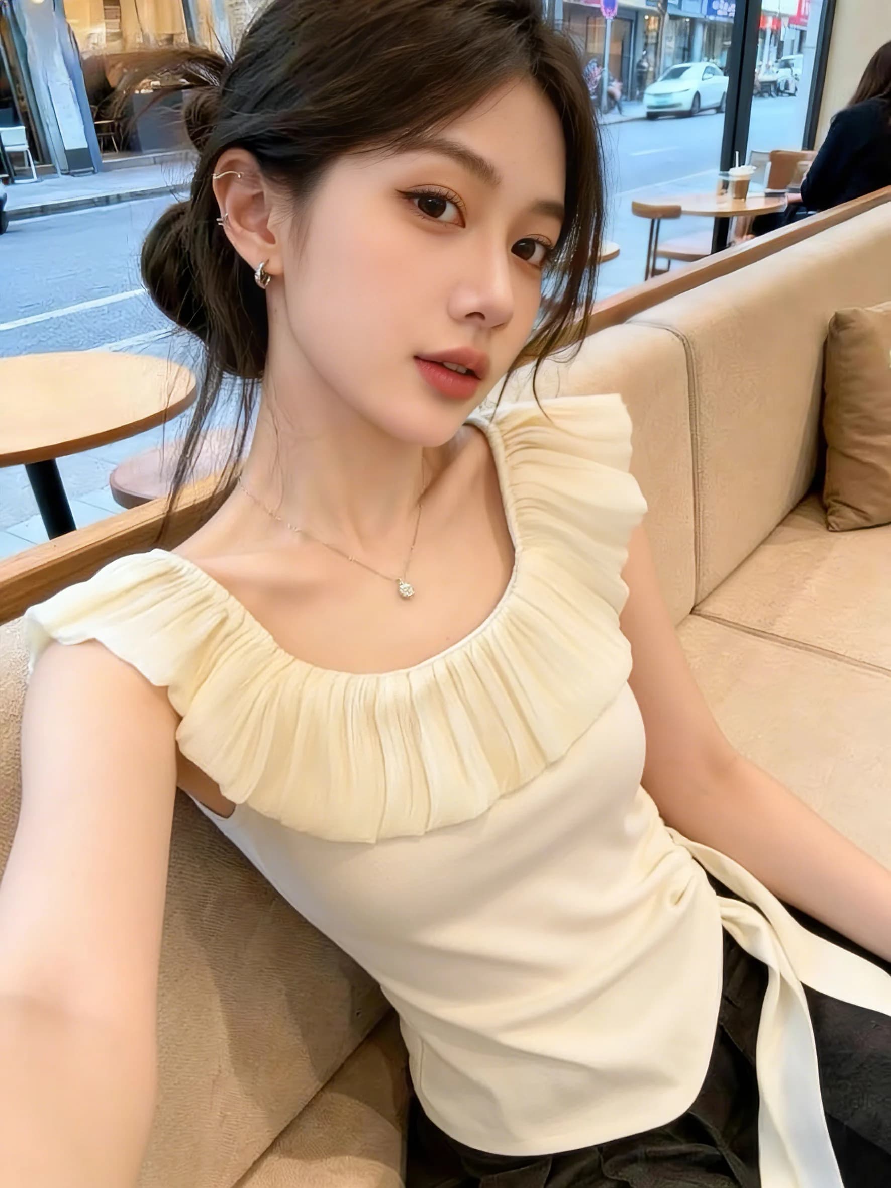 Sweet Young Women's Long Sleeve T-Shirt Shoulder Bows Hem Lace Design Waist Cinching Korean Style Commute Fashion Spring New