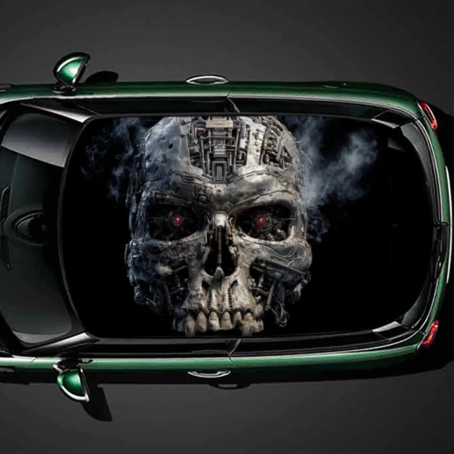 Adesivo per tetto auto in PVC con stampa ombra con occhi rossi con teschio meccanico, decalcomania autoadesiva in vinile impermeabile per auto, protezione per la decorazione dell'auto