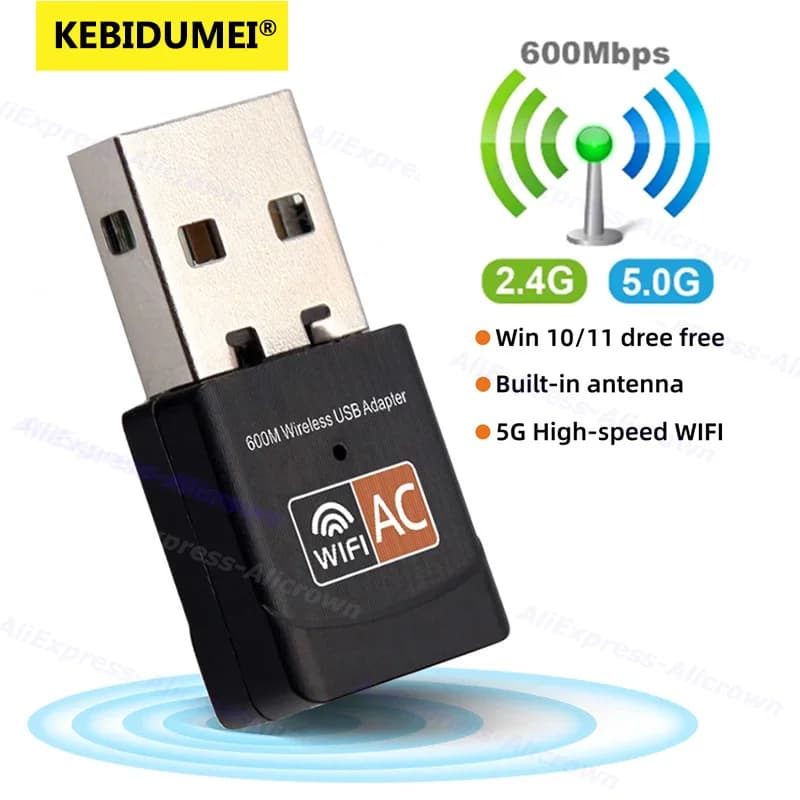 Adattatore WiFi USB 2.4GHz 5GHz 600M con Antenna WiFi Dual Band 802.11b/n/g/ac 300M, Mini Scheda di Rete Wireless per PC