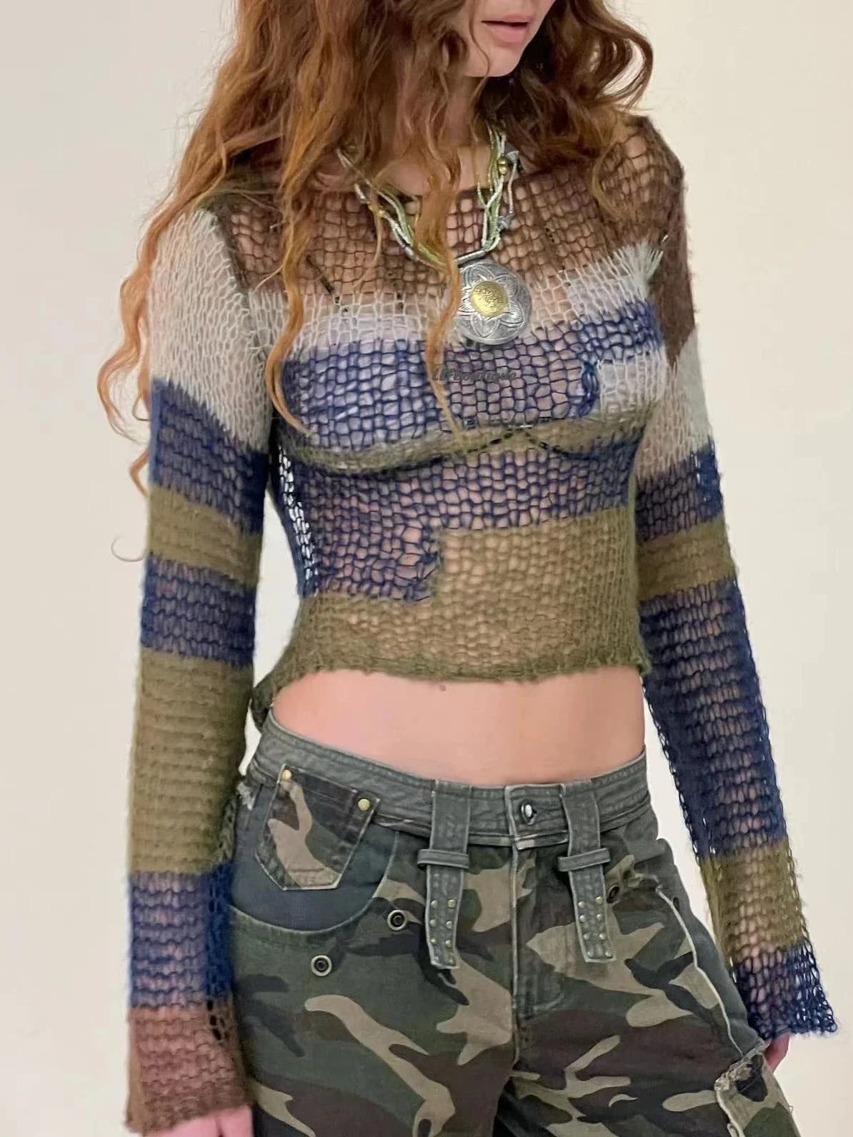 Street Style Early Autumn Tank Top Knitted Sweater with Color Block Striped See through Coarse Needle Backless Short Length