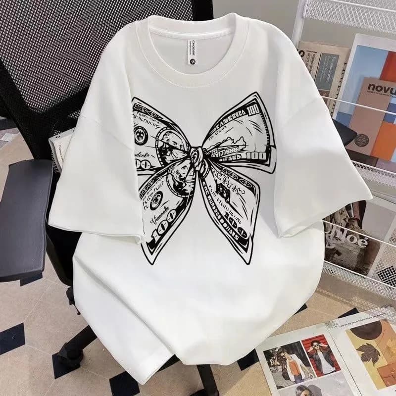 T-shirt girocollo con stampa fiocco alla moda estiva, manica corta, top universale di grandi dimensioni per uomo e donna