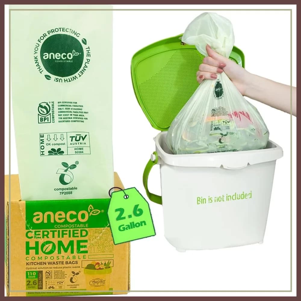 Sacchetti per Rifiuti Compostabili da 2,6 Galloni, 110 Pezzi, Sacchetti Extra Spessi per Scarti Alimentari da Cucina per Contenitori da Bancone