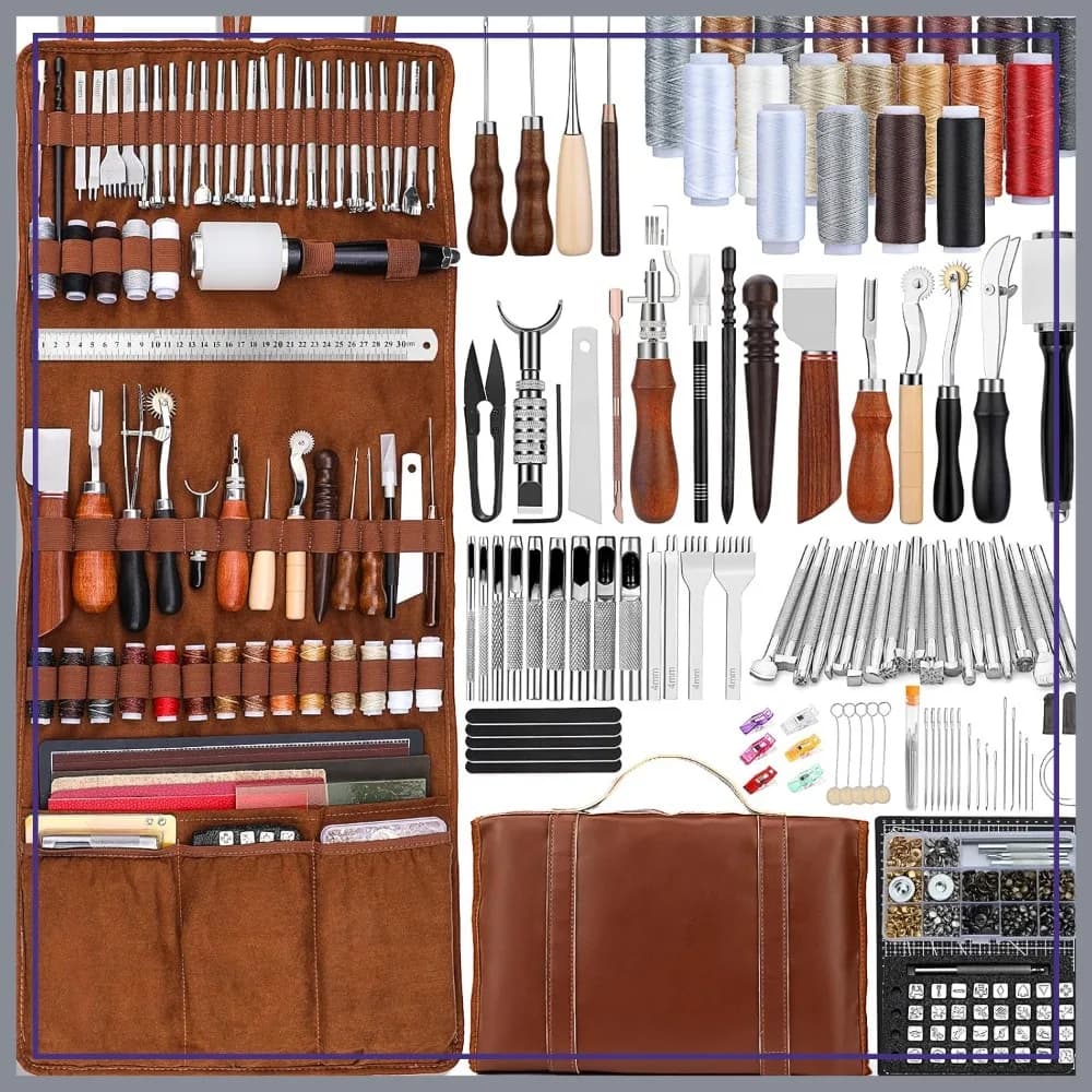 Kit di Attrezzi per Lavorazione del Cuoio con Tappetino da Taglio, Tappetino per Incisione, Utensili per Punzonatura, Cucitura, Stampaggio, Levigatura, Custodia per Borsa