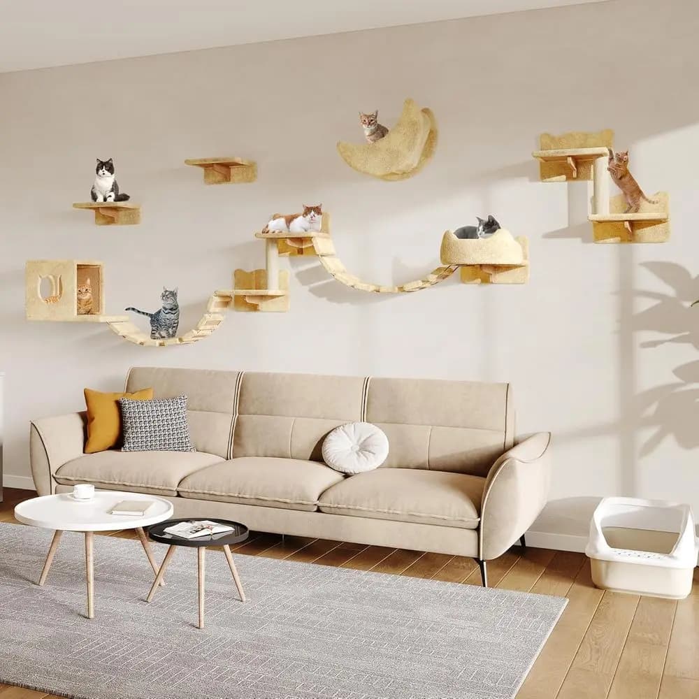 Set di Mobili per Gatti da Parete a 13 Pezzi con Tessuto Felpato, Parete da Arrampicata, Amaca, Cuccia, Scala, Ponte, Scaletta, Tiragraffi