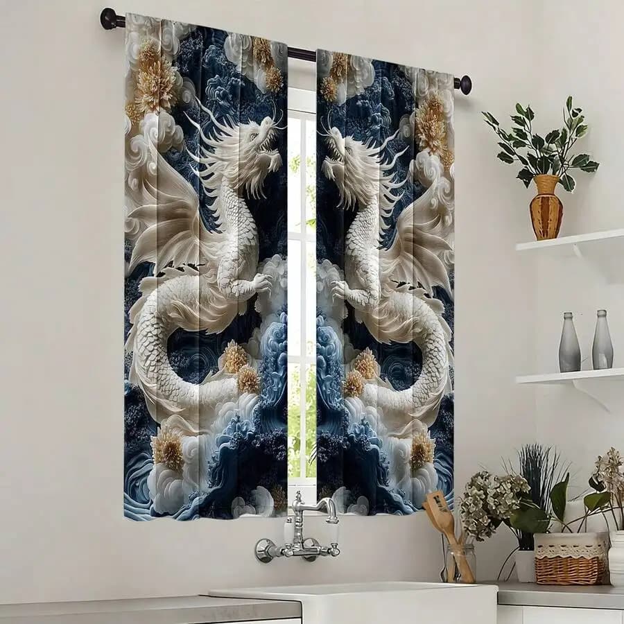 2PCS Spring Summer Blackout Curtains, Blue Background White Flying Dragon Printed Polyester Curtain With Heat Insulated Liner,