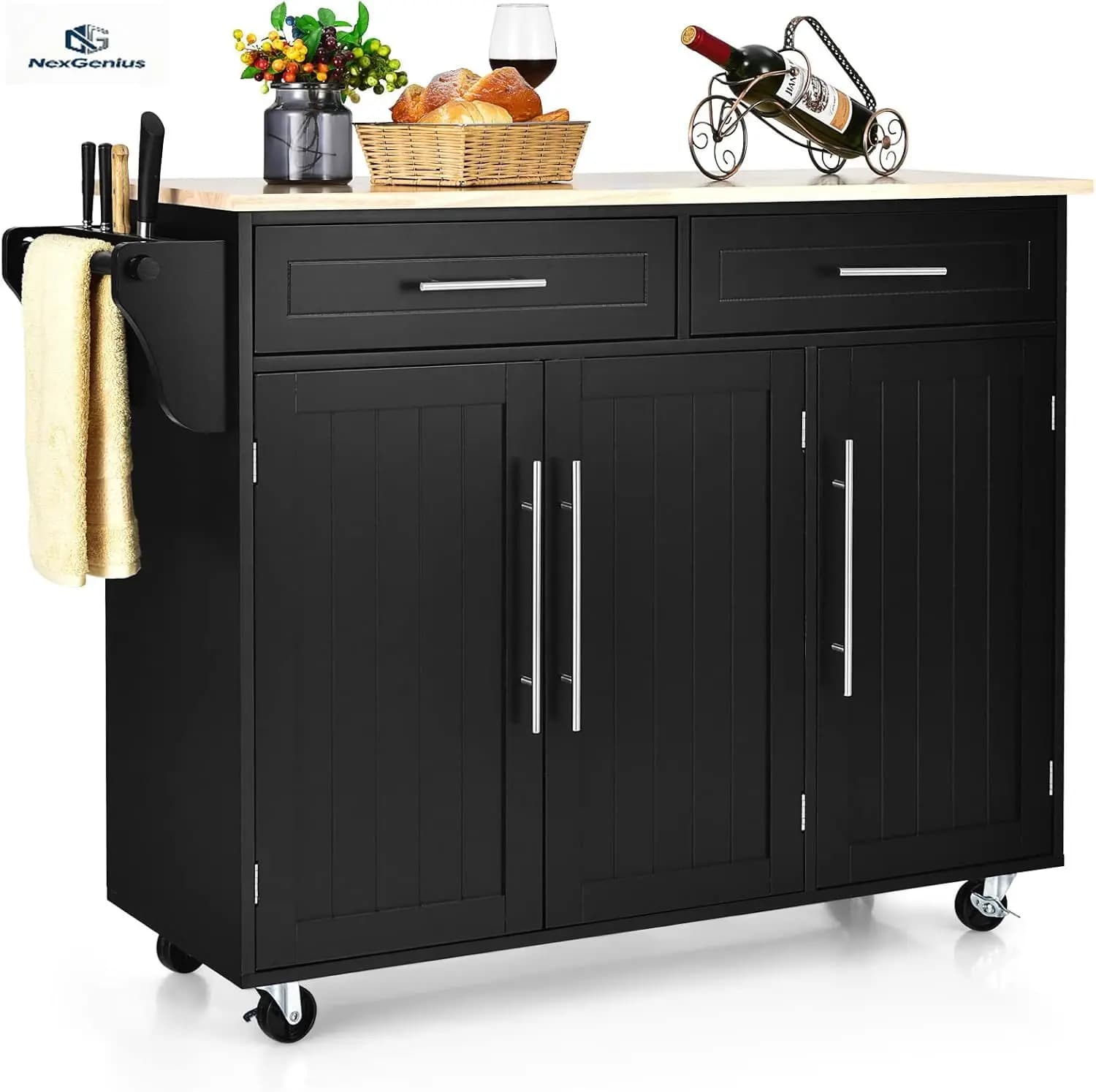 Carrello da Cucina con Ruote, Cassetti, Maniglia per Asciugamani, Portacoltelli, per Sala da Pranzo e Home Bar