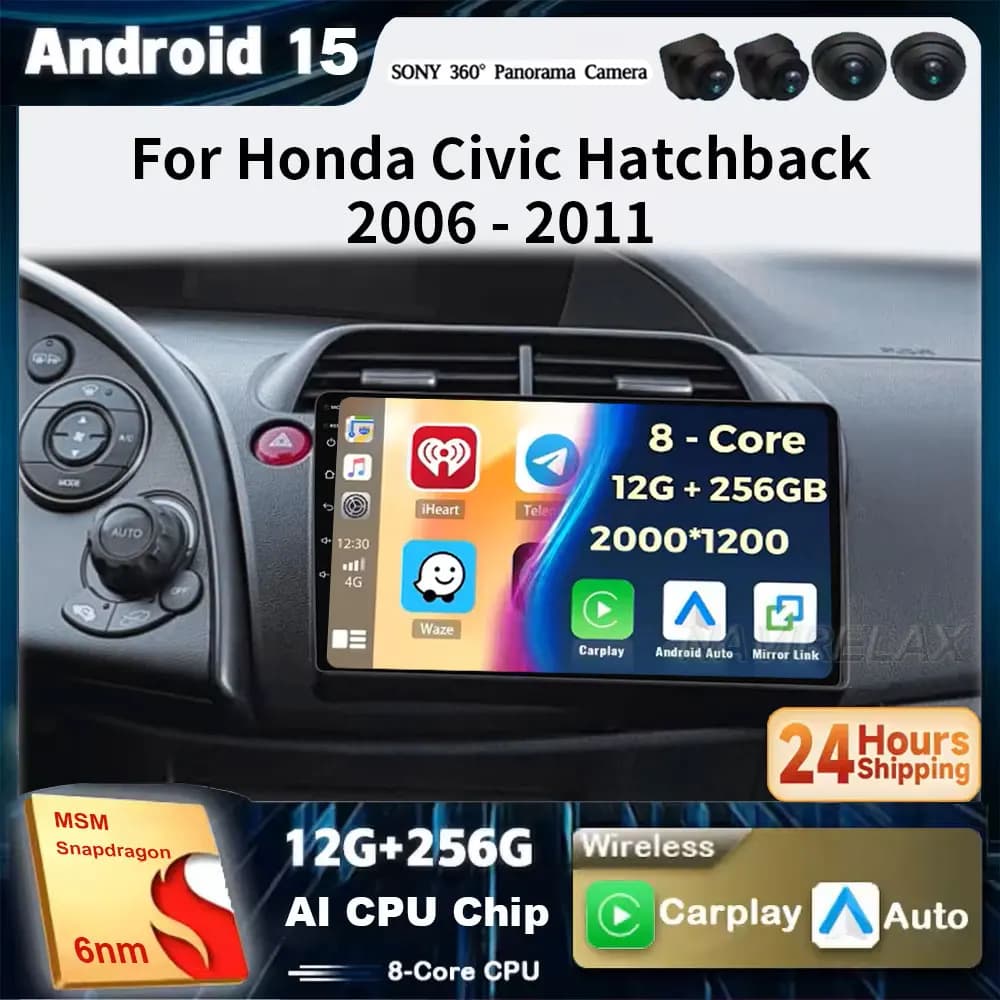8Core Android 15 For Honda Civic Hatchback 2006-2011 Car Radio Multimedia Player Navigation 2 Din Stereo DVD Head Unit Speaker