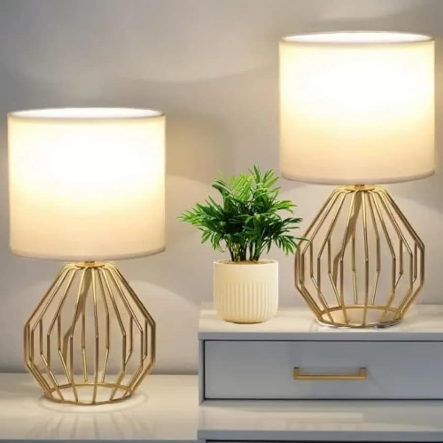 Set di Lampade da Tavolo Piccole con Paralume in Tessuto Bianco e Base in Metallo, Lampade da Scrivania Geometriche per Camera da Letto