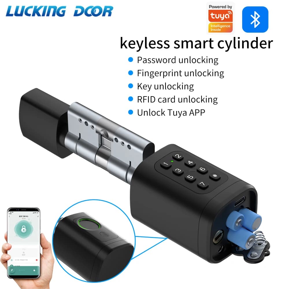 S5KF Keyless Cylinder Lock with Digital Impronta, Digital Code and Keyboard, Intelligent Door Lock with Tuya and Bluetooth App, Adjustable Size 70-100mm