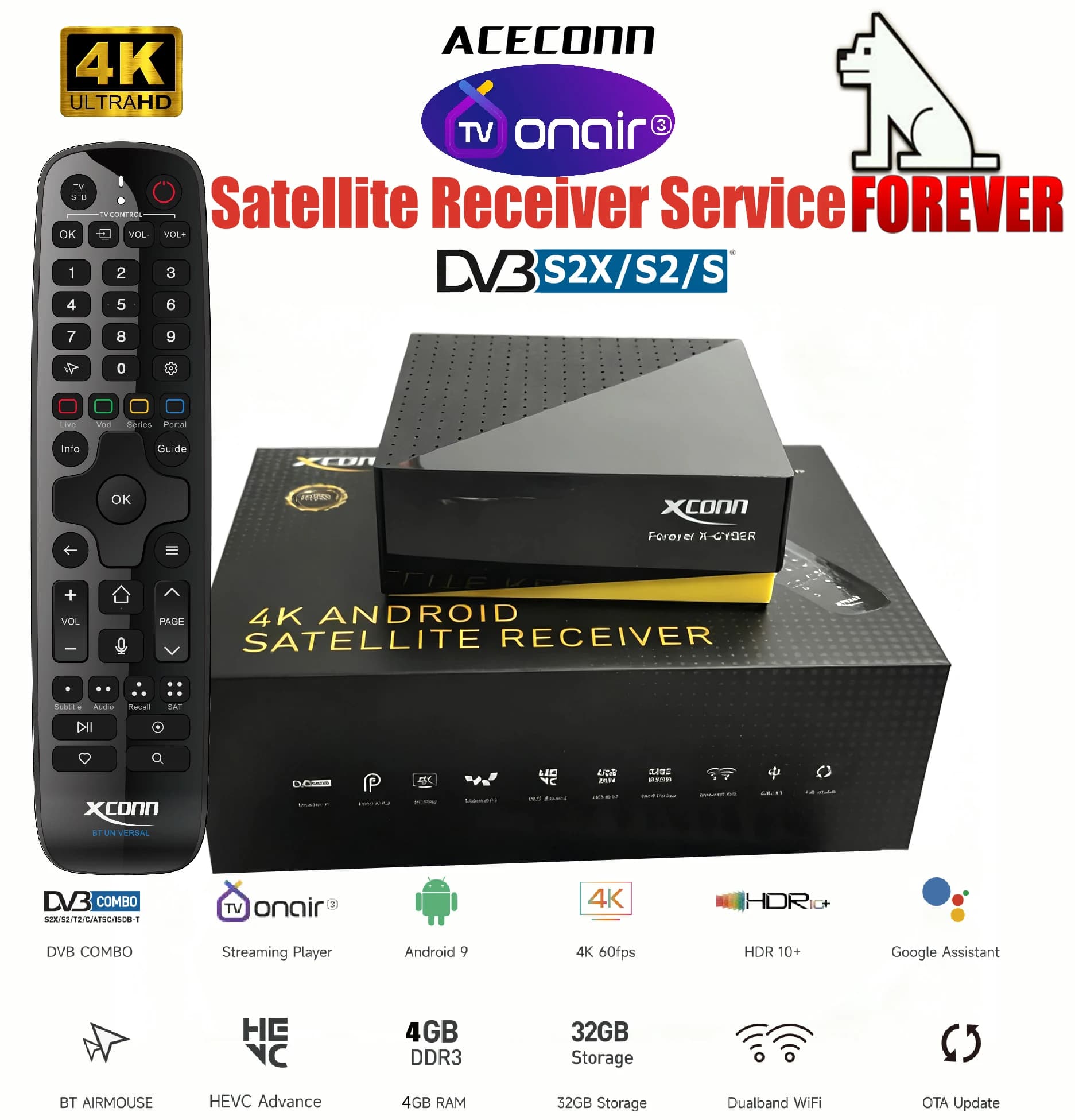 Receiver Satellite 4K*Forever* XCONN X-CYBER 4GB 32GB IPTV Box with TVONAIR3 XCONN FOREVER Service