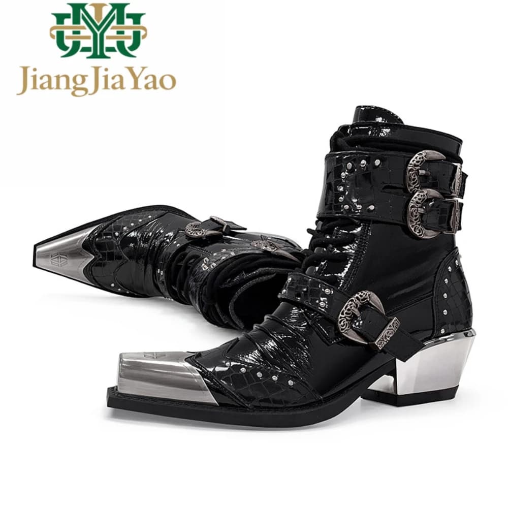 Stivali da Moto in Metallo con Punta Quadrata alla Moda Spagnola per Coppie, Stivali Punk con Borchie Unisex, Stivaletti con Rialzo Interno