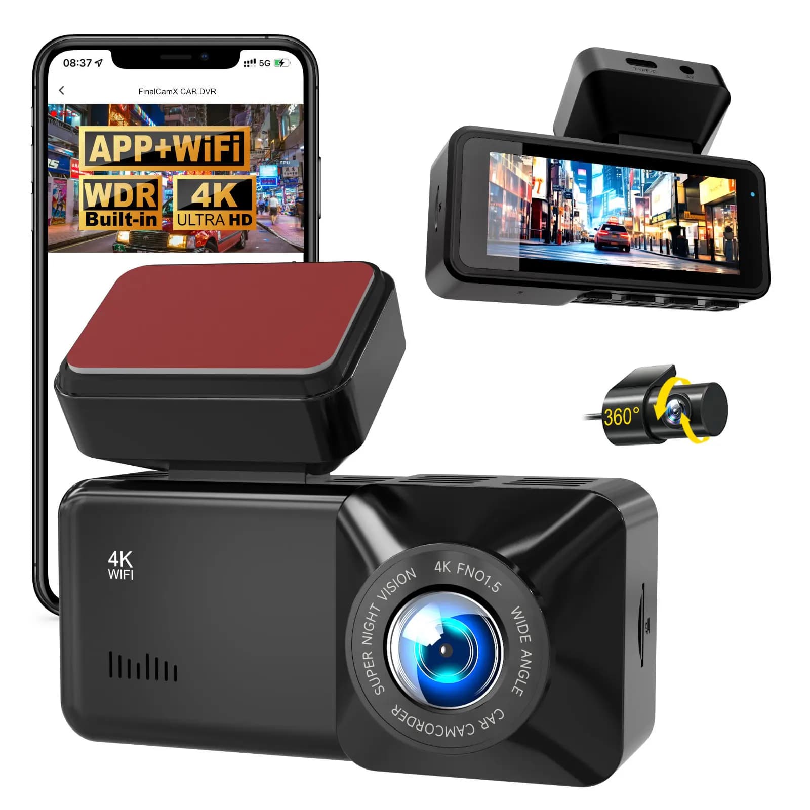 4K Ultra HD WiFi Dashcam Dual Recording Front Rear Camera 3.16" Display Super Capacitor with Built-in GPS Parking Monitor
