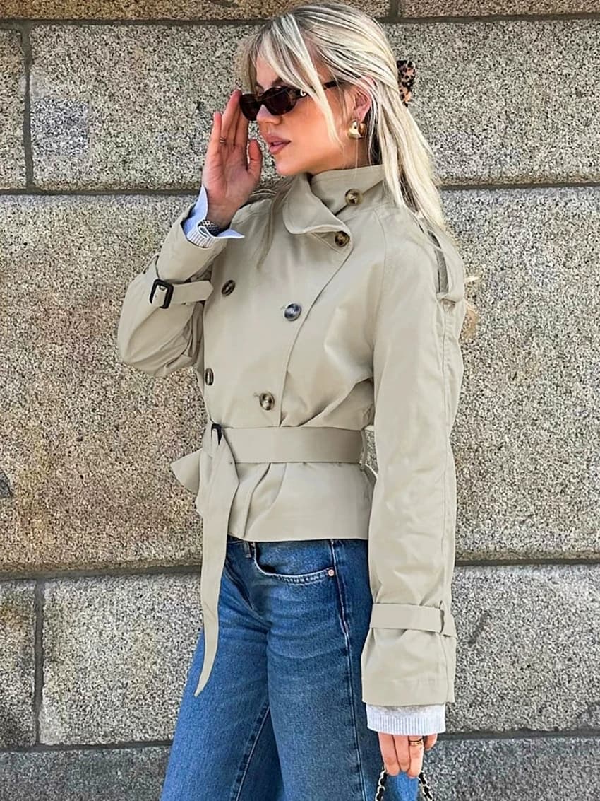 Spring Autumn With Belt Trench Coat Women Stand Collar Double Breasted Jacket Coat 2025 New Long Sleeve Street Windbreaker Coat