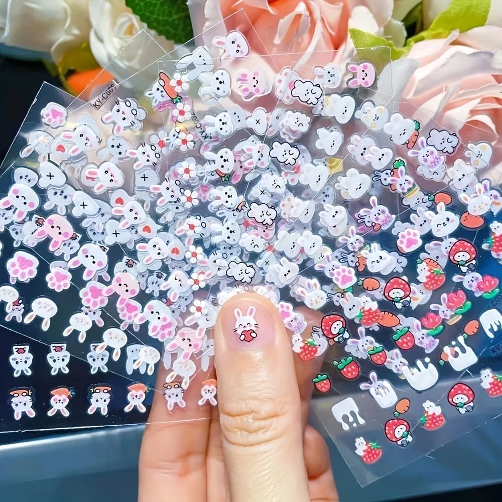 Confezione da 30 decalcomanie per nail art dei cartoni animati Set di personaggi assortiti di coniglio scintillante, miglioramenti per unghie con effetto armatura autoadesiva per le donne