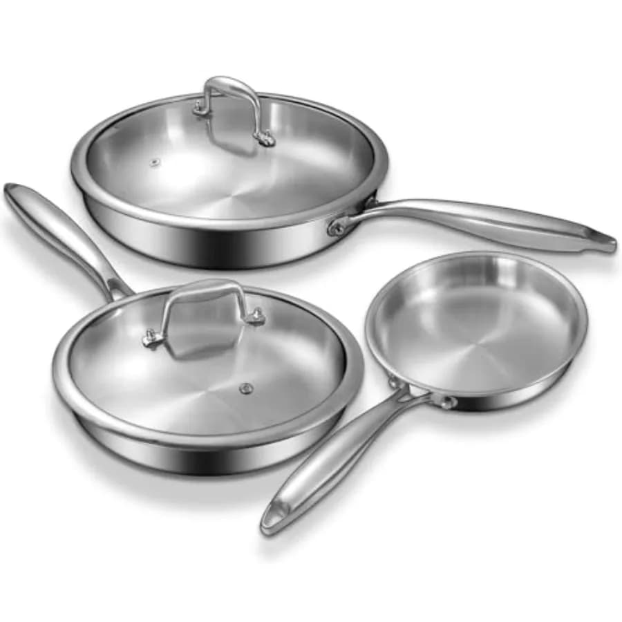Set di padelle in acciaio inox a triplo strato con coperchio 8"/10"/12", padelle da cucina senza PFOA e PTFE, padella per cottura a induzione, lavabile in lavastoviglie