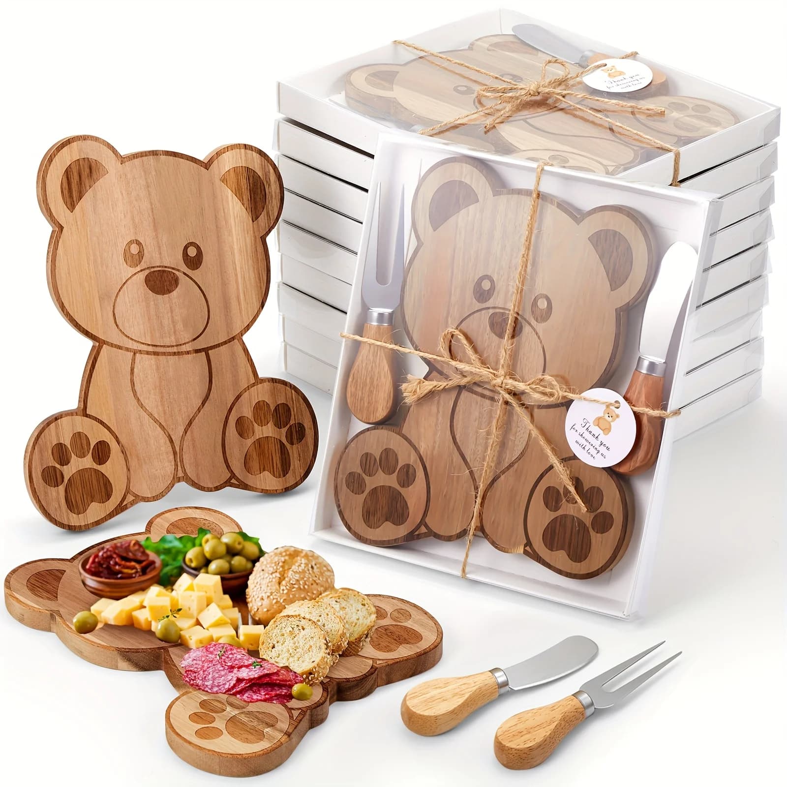Bear-Shaped Acacia Wood Party Favor Set – 24-Piece Charcuterie Gift Box with Mini Cutting Boards, Cheese Knives & Forks for Weddings, Bridal Showers, Birthdays & Celebrations