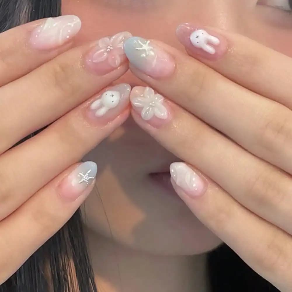 24 Fine Nail Pieces in Mandorla with Rabbit and 3D Flowers, Blue Pink Flame, Sweet Style, for Manicure