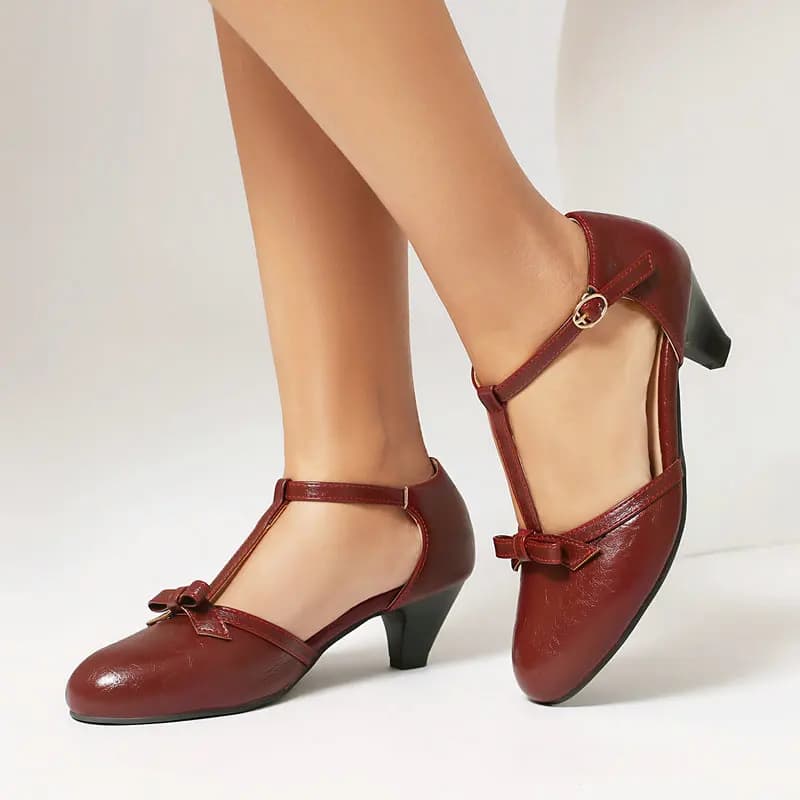 Scarpe Mary Jane da Donna con Fiocco e Cinturino a T, Tacco Medio, Punta Rotonda, Cinturino alla Caviglia, Eleganti per Feste e Ufficio