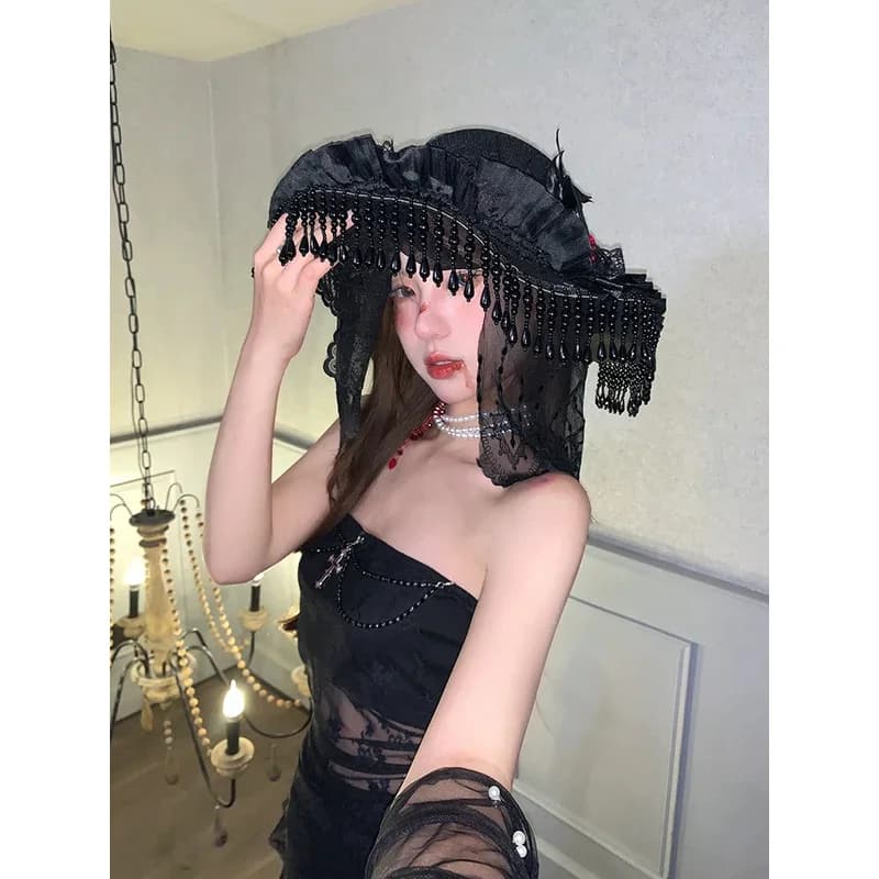 DY20Retro Cappelli da strega Fasciatura in maschera Arco Cappello da mago Adulto Gotico Lolita Accessori per costumi cosplay Decorazioni per feste di Halloween Gif