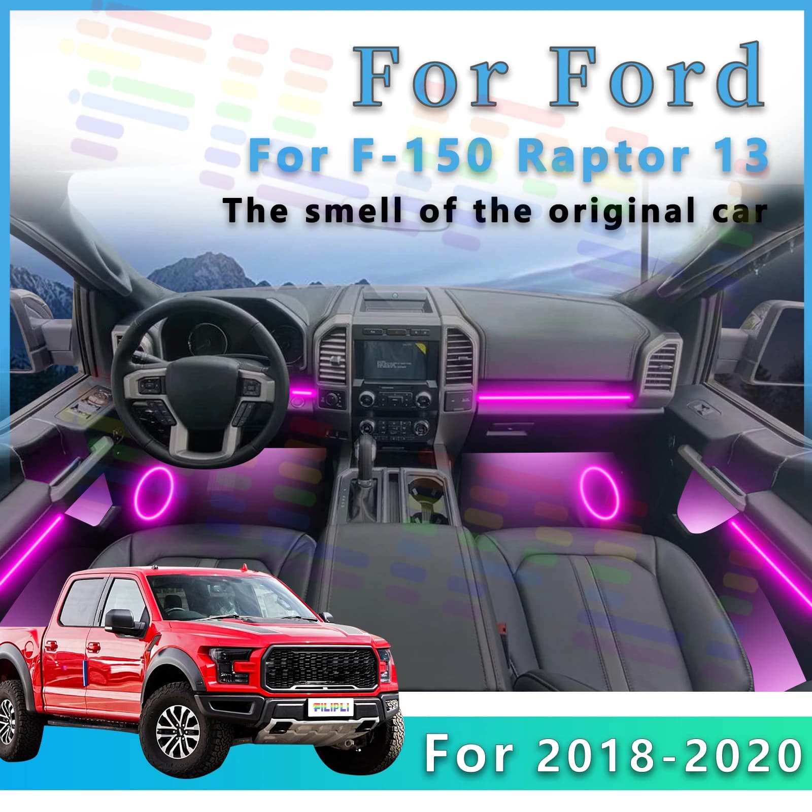 Per Ford F-150 2018-2020 anni Aggiungi stile per i tuoi pendolari con strisce luminose ambientali a LED nascoste per interni auto Boasting 64s APP